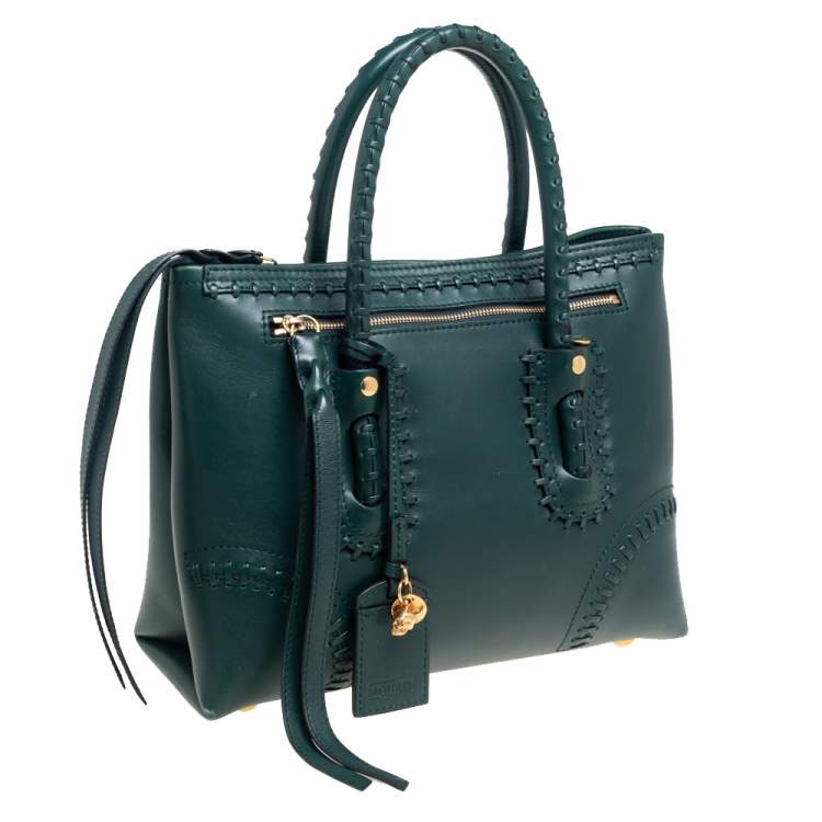 Pre Owned Alexander McQueen Green Leather Folkstitch Tote