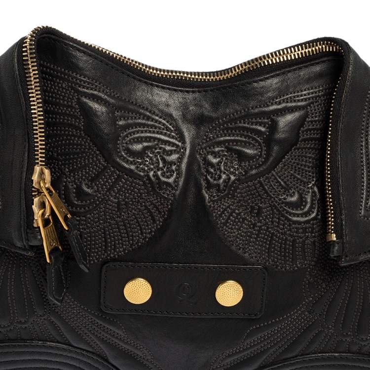 Pre Owned Alexander McQueen Black Embroidered Leather Medium De Manta Clutch