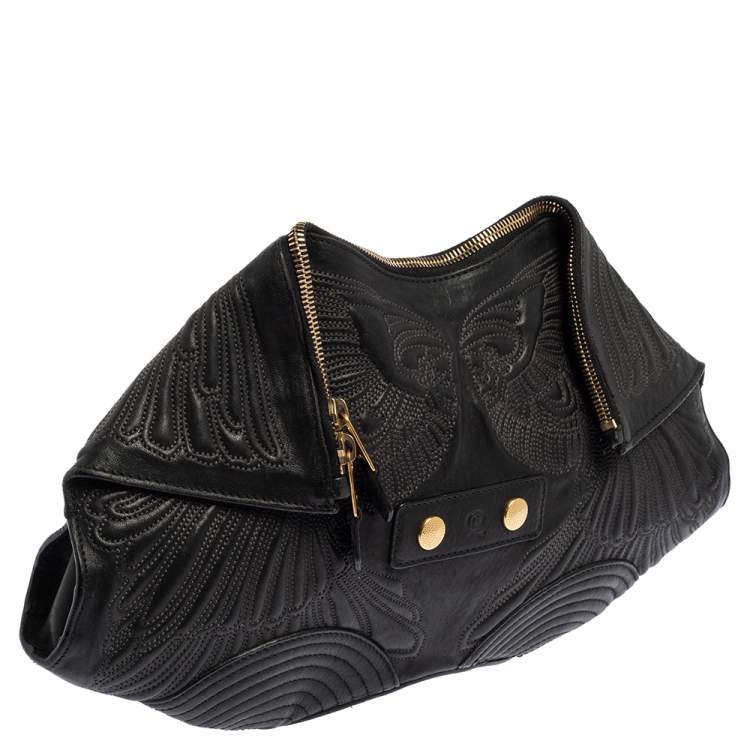 Pre Owned Alexander McQueen Black Embroidered Leather Medium De Manta Clutch
