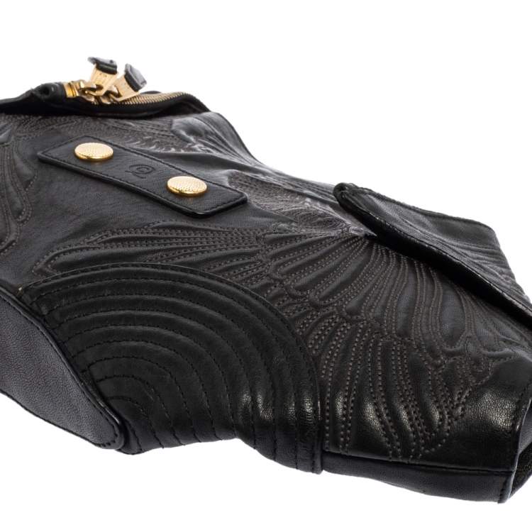 Pre Owned Alexander McQueen Black Embroidered Leather Medium De Manta Clutch