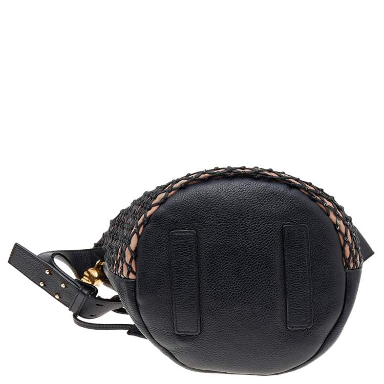 Pre Owned Alexander McQueen Black/Peach Woven Detail Leather Skull Bucket Bag