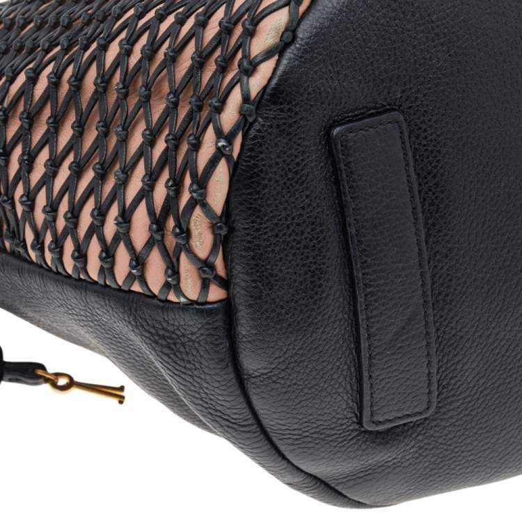 Pre Owned Alexander McQueen Black/Peach Woven Detail Leather Skull Bucket Bag