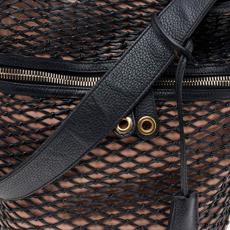Pre Owned Alexander McQueen Black/Peach Woven Detail Leather Skull Bucket Bag