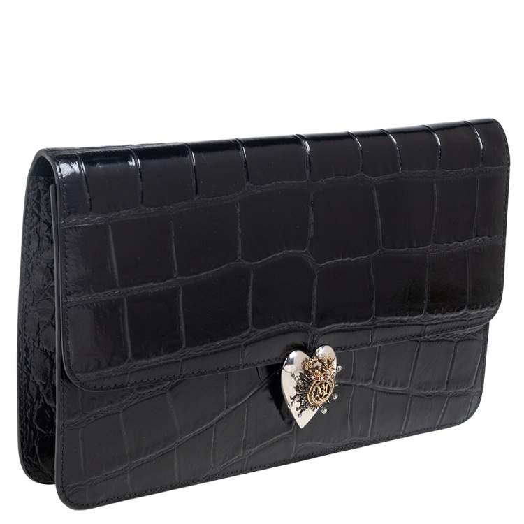 Pre Owned Alexander McQueen Black Crocodile Embossed Leather Heart Lock Clutch