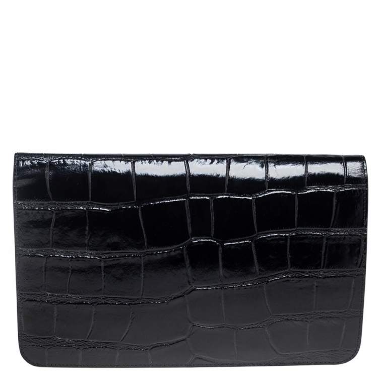 Pre Owned Alexander McQueen Black Crocodile Embossed Leather Heart Lock Clutch