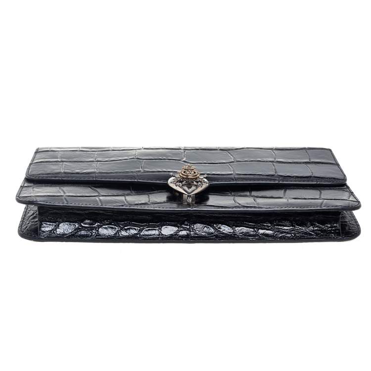 Pre Owned Alexander McQueen Black Crocodile Embossed Leather Heart Lock Clutch