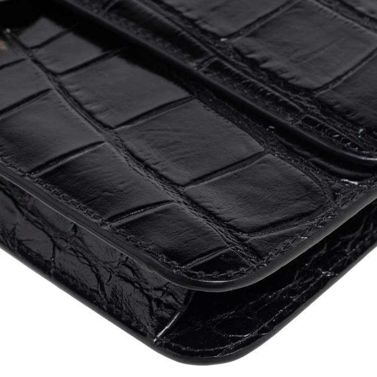 Pre Owned Alexander McQueen Black Crocodile Embossed Leather Heart Lock Clutch
