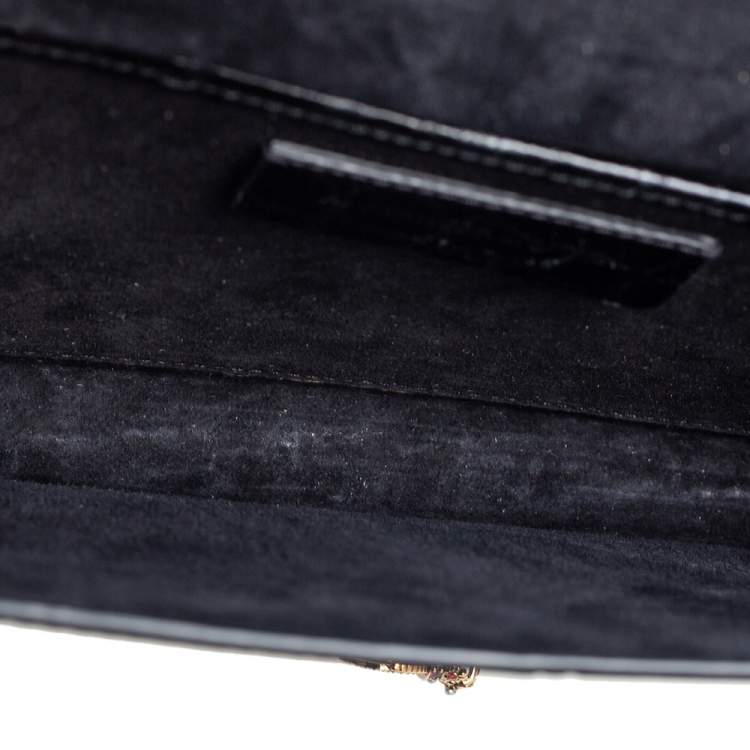Pre Owned Alexander McQueen Black Crocodile Embossed Leather Heart Lock Clutch