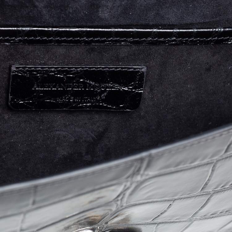Pre Owned Alexander McQueen Black Crocodile Embossed Leather Heart Lock Clutch
