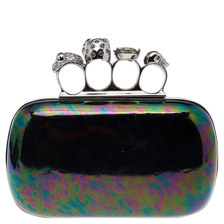 Pre Owned Alexander McQueen Holographic Patent Leather Skull Knuckle Box Clutch
