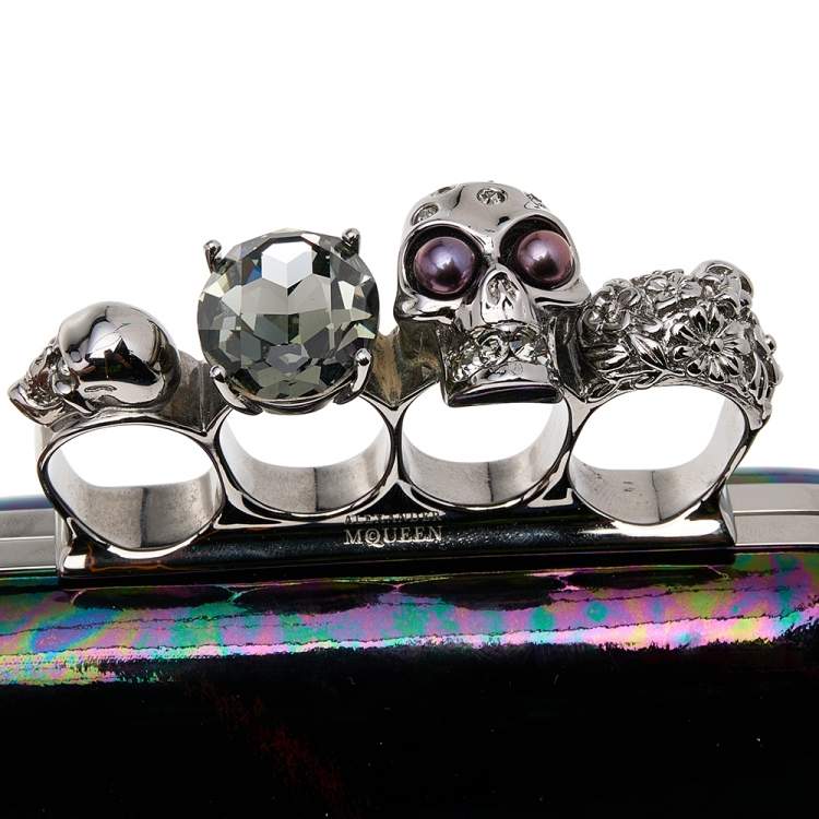 Pre Owned Alexander McQueen Holographic Patent Leather Skull Knuckle Box Clutch
