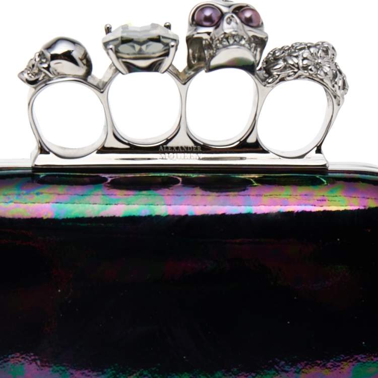 Pre Owned Alexander McQueen Holographic Patent Leather Skull Knuckle Box Clutch