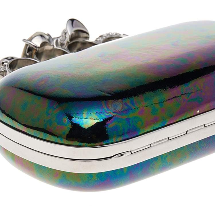 Pre Owned Alexander McQueen Holographic Patent Leather Skull Knuckle Box Clutch