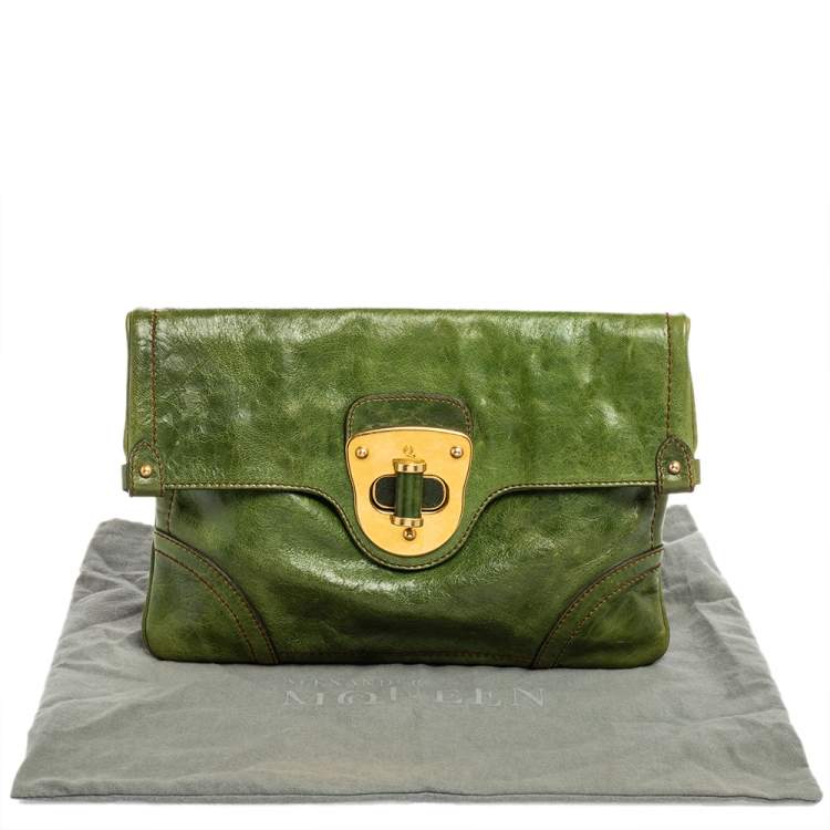 Pre Owned Alexander McQueen Green Leather Flapper Clutch