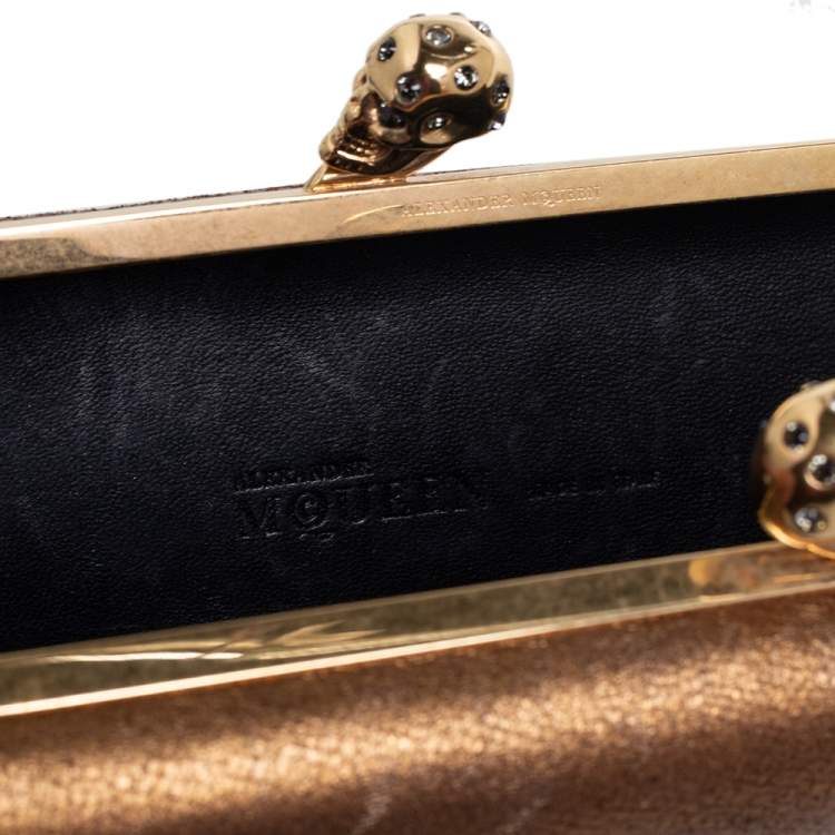 Pre Owned Alexander McQueen Gold Leather Skull Crystal Embellished Box Clutch