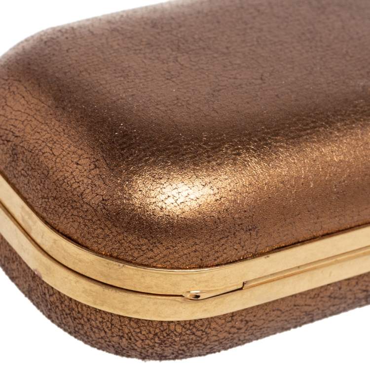 Pre Owned Alexander McQueen Gold Leather Skull Crystal Embellished Box Clutch