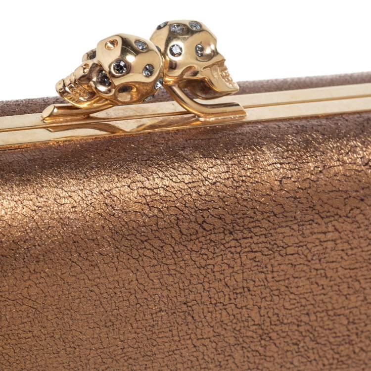 Pre Owned Alexander McQueen Gold Leather Skull Crystal Embellished Box Clutch