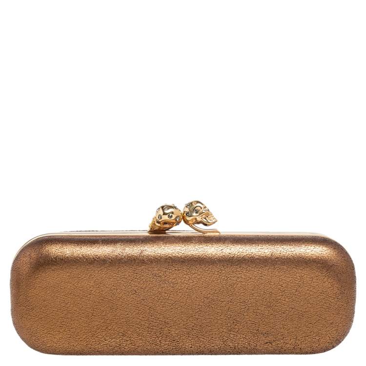 Pre Owned Alexander McQueen Gold Leather Skull Crystal Embellished Box Clutch