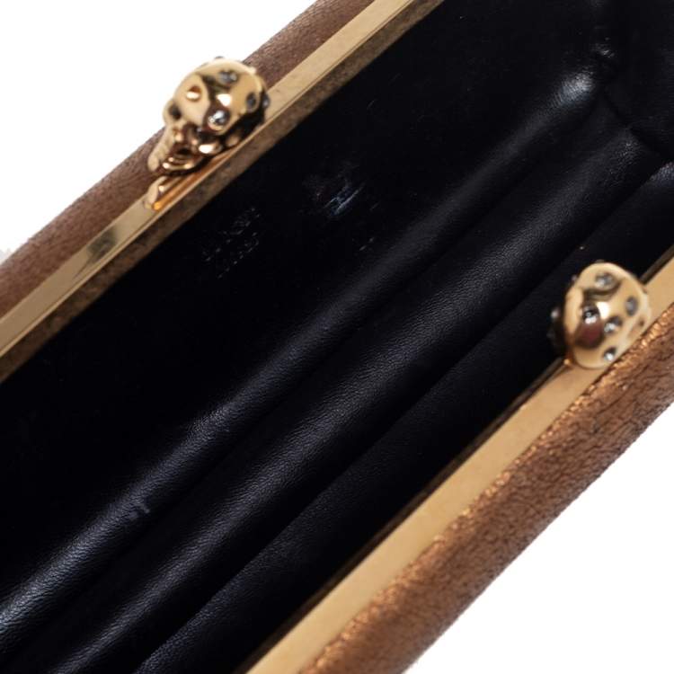 Pre Owned Alexander McQueen Gold Leather Skull Crystal Embellished Box Clutch