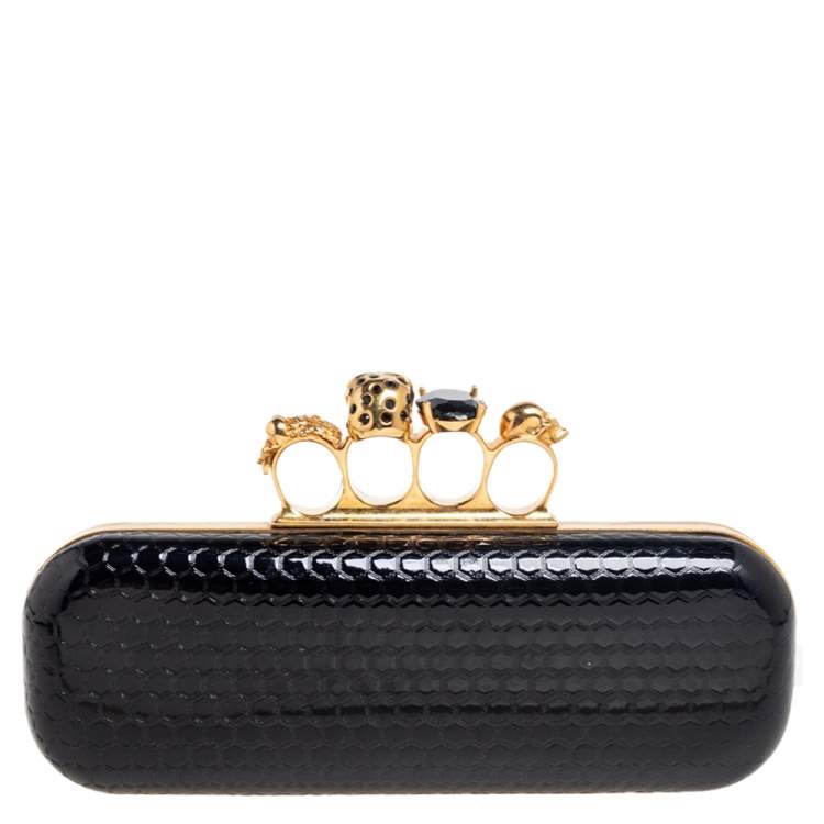 Pre Owned Alexander McQueen Black Patent Leather Skull Knuckle Box Clutch
