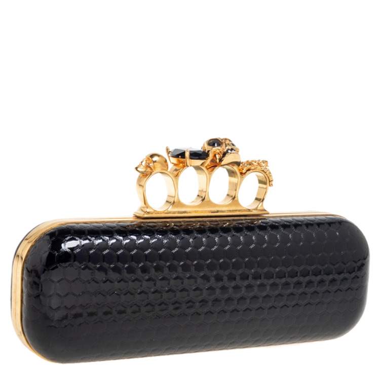 Pre Owned Alexander McQueen Black Patent Leather Skull Knuckle Box Clutch