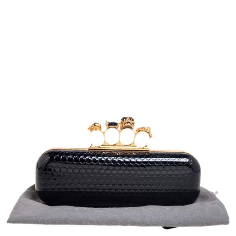 Pre Owned Alexander McQueen Black Patent Leather Skull Knuckle Box Clutch