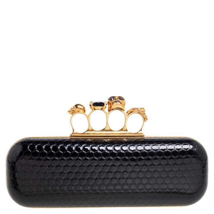 Pre Owned Alexander McQueen Black Patent Leather Skull Knuckle Box Clutch