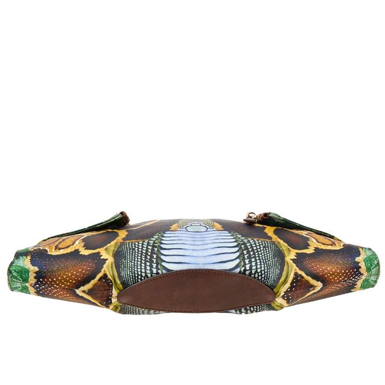 Pre Owned Alexander McQueen Multicolor Print Satin and Leather Medium De Manta Clutch