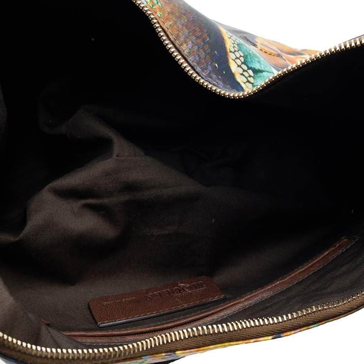 Pre Owned Alexander McQueen Multicolor Print Satin and Leather Medium De Manta Clutch