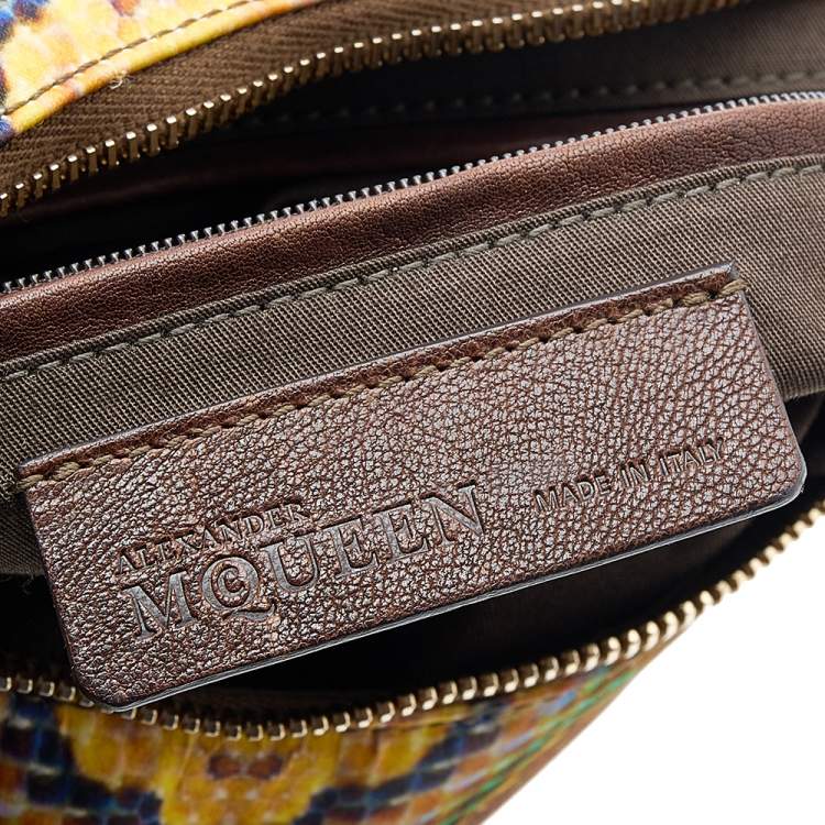 Pre Owned Alexander McQueen Multicolor Print Satin and Leather Medium De Manta Clutch