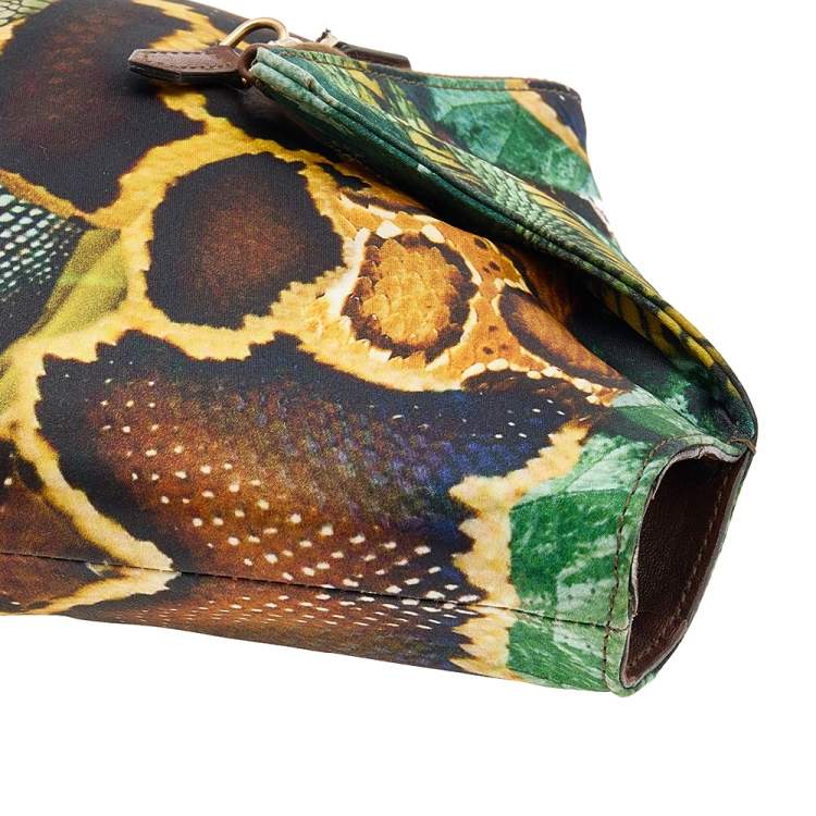 Pre Owned Alexander McQueen Multicolor Print Satin and Leather Medium De Manta Clutch