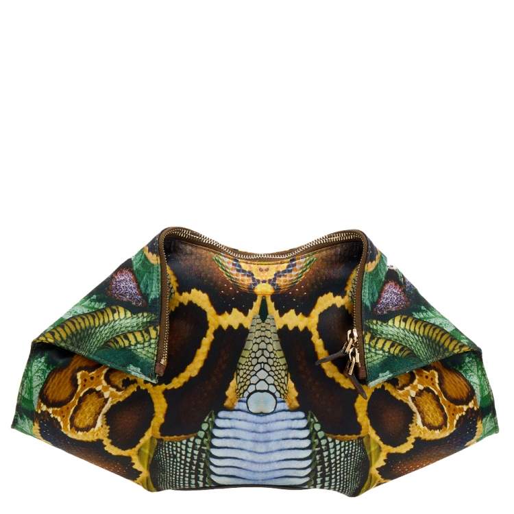 Pre Owned Alexander McQueen Multicolor Print Satin and Leather Medium De Manta Clutch