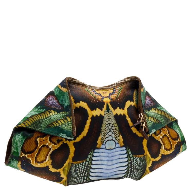 Pre Owned Alexander McQueen Multicolor Print Satin and Leather Medium De Manta Clutch