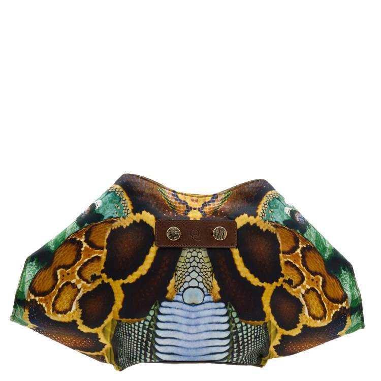 Pre Owned Alexander McQueen Multicolor Print Satin and Leather Medium De Manta Clutch