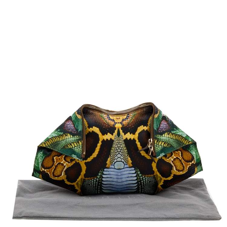 Pre Owned Alexander McQueen Multicolor Print Satin and Leather Medium De Manta Clutch
