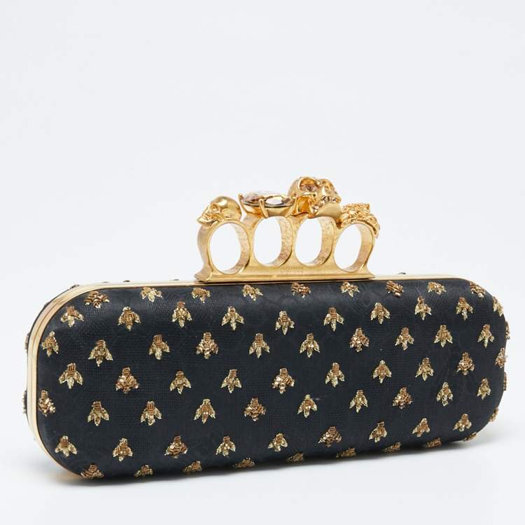 Pre Owned Alexander McQueen Black Fabric Bees Knuckle Box Clutch