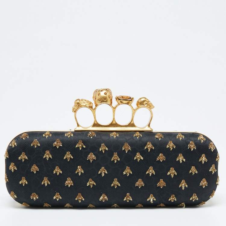 Pre Owned Alexander McQueen Black Fabric Bees Knuckle Box Clutch
