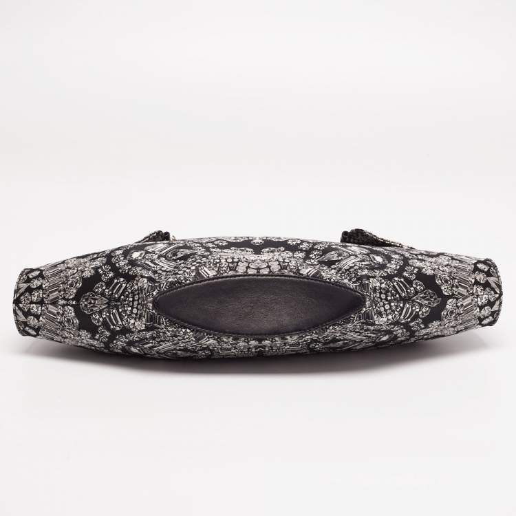 Pre Owned Alexander McQueen Black/White Printed Satin and Leather Medium De Manta Clutch