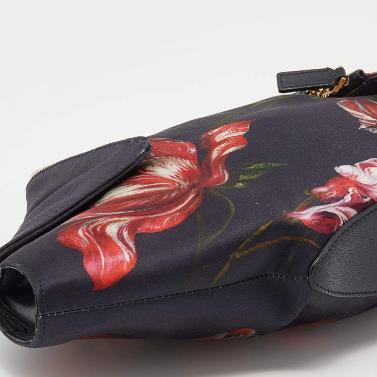Pre Owned Alexander McQueen Black/Red Floral Print Satin And Leather Medium De Manta Clutch