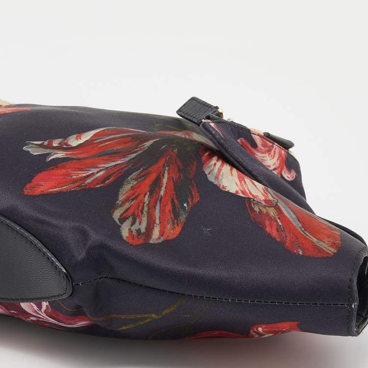 Pre Owned Alexander McQueen Black/Red Floral Print Satin And Leather Medium De Manta Clutch