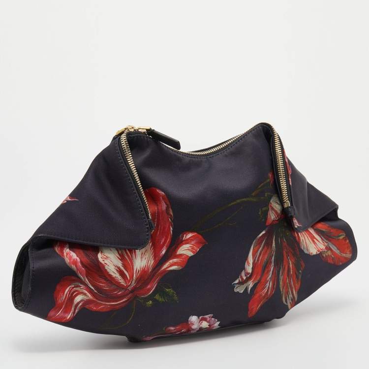 Pre Owned Alexander McQueen Black/Red Floral Print Satin And Leather Medium De Manta Clutch
