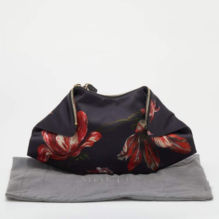 Pre Owned Alexander McQueen Black/Red Floral Print Satin And Leather Medium De Manta Clutch