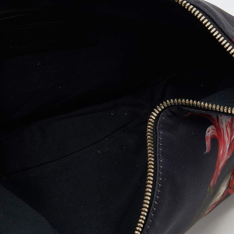 Pre Owned Alexander McQueen Black/Red Floral Print Satin And Leather Medium De Manta Clutch