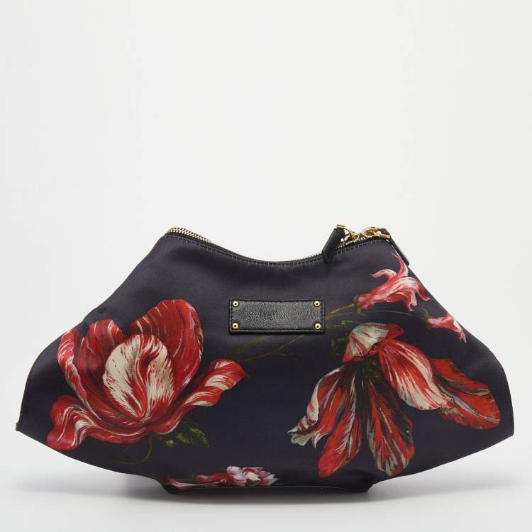 Pre Owned Alexander McQueen Black/Red Floral Print Satin And Leather Medium De Manta Clutch