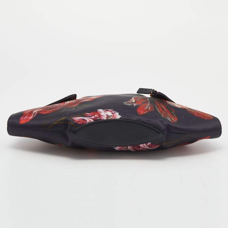 Pre Owned Alexander McQueen Black/Red Floral Print Satin And Leather Medium De Manta Clutch