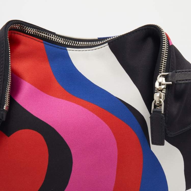 Pre Owned Alexander McQueen Black Heart Print Satin And Leather Medium De Manta Clutch