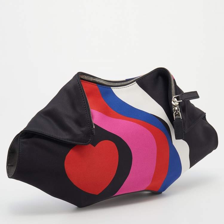 Pre Owned Alexander McQueen Black Heart Print Satin And Leather Medium De Manta Clutch