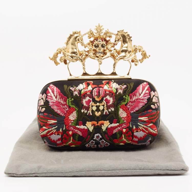 Pre Owned Alexander McQueen Black Satin Floral Embroidered Skull and Unicorn Knuckle Clutch