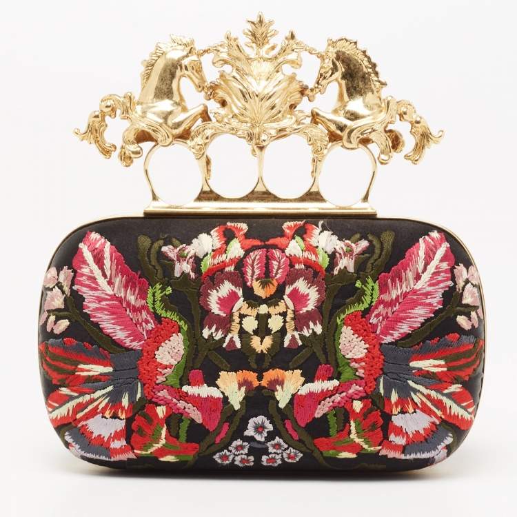 Pre Owned Alexander McQueen Black Satin Floral Embroidered Skull and Unicorn Knuckle Clutch