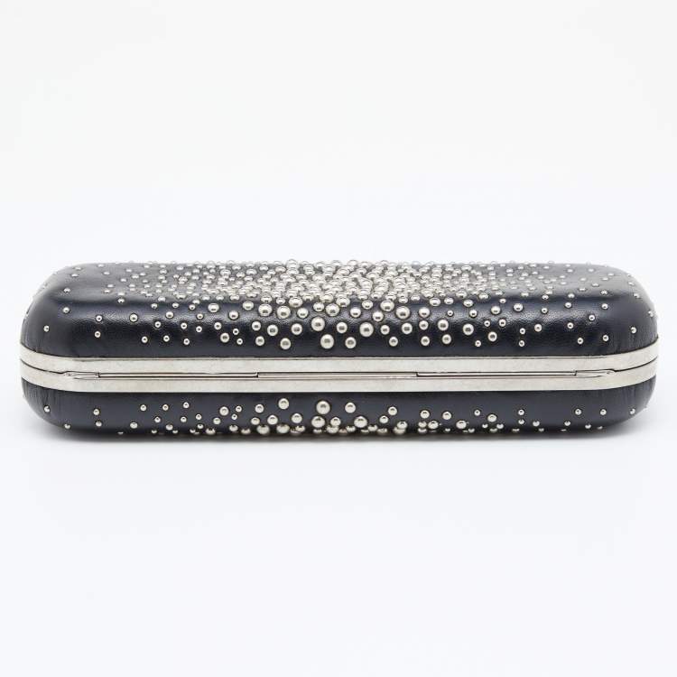 Pre Owned Alexander McQueen Black Studded Leather Kiss Lock Skull Clutch 